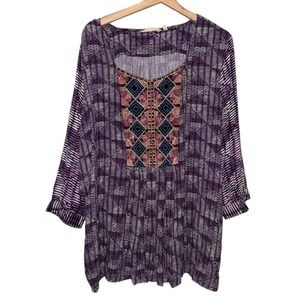 Soft‎ Surroundings Embroidered Boho Tunic Top Women 2X Purple Artsy Long Sleeve